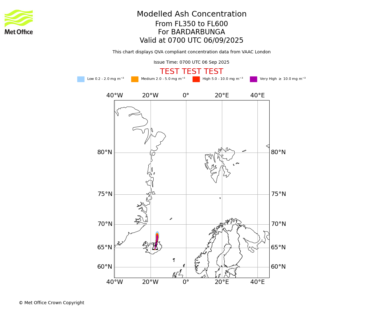 Modelled ash concentration from 350 to 600 for BARDARBUNGA. Valid at 0700 UTC 06/09/2025