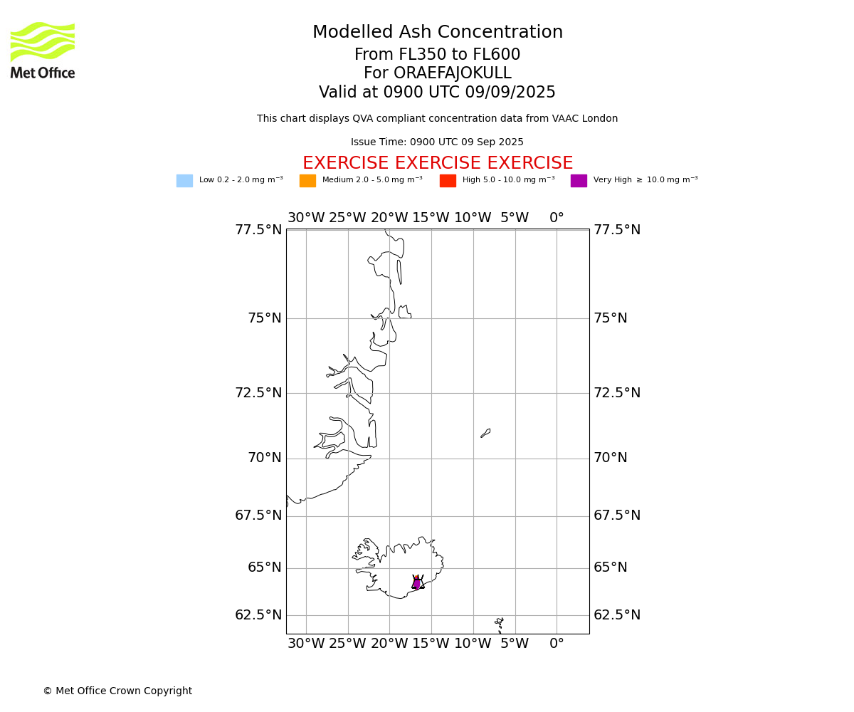 Modelled ash concentration from 350 to 600 for ORAEFAJOKULL. Valid at 0900 UTC 09/09/2025
