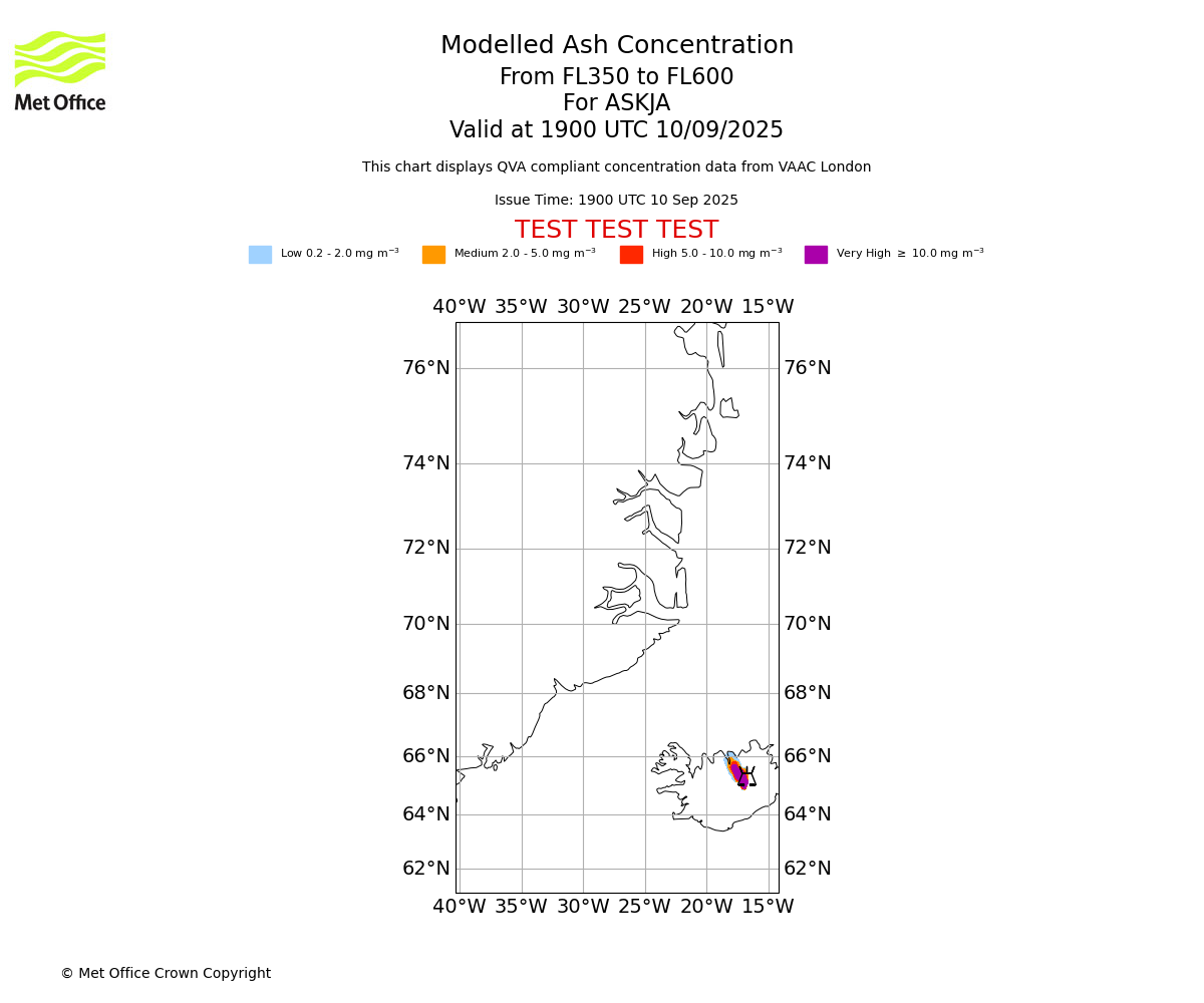 Modelled ash concentration from 350 to 600 for ASKJA. Valid at 1900 UTC 10/09/2025