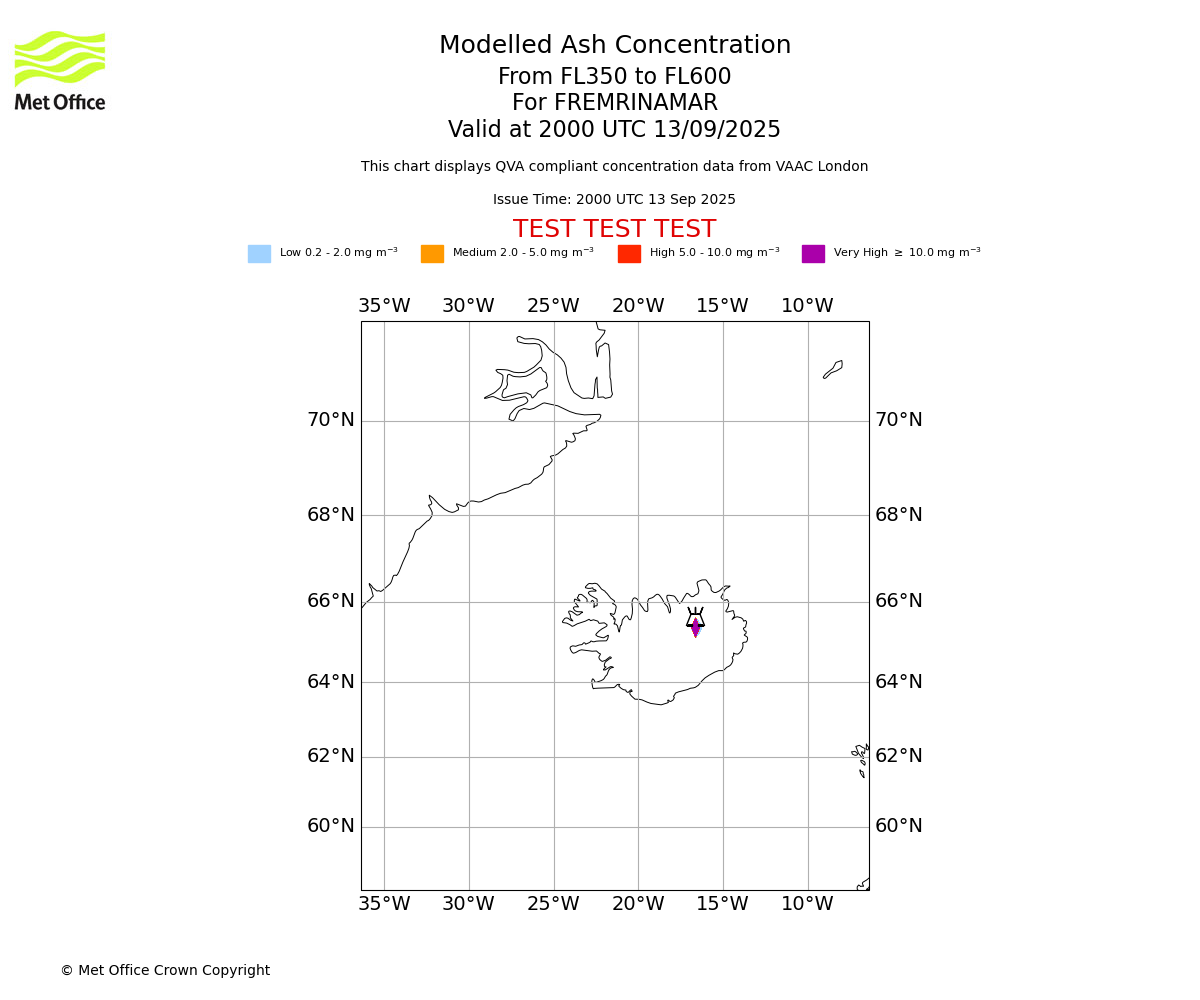Modelled ash concentration from 350 to 600 for FREMRINAMAR. Valid at 2000 UTC 13/09/2025