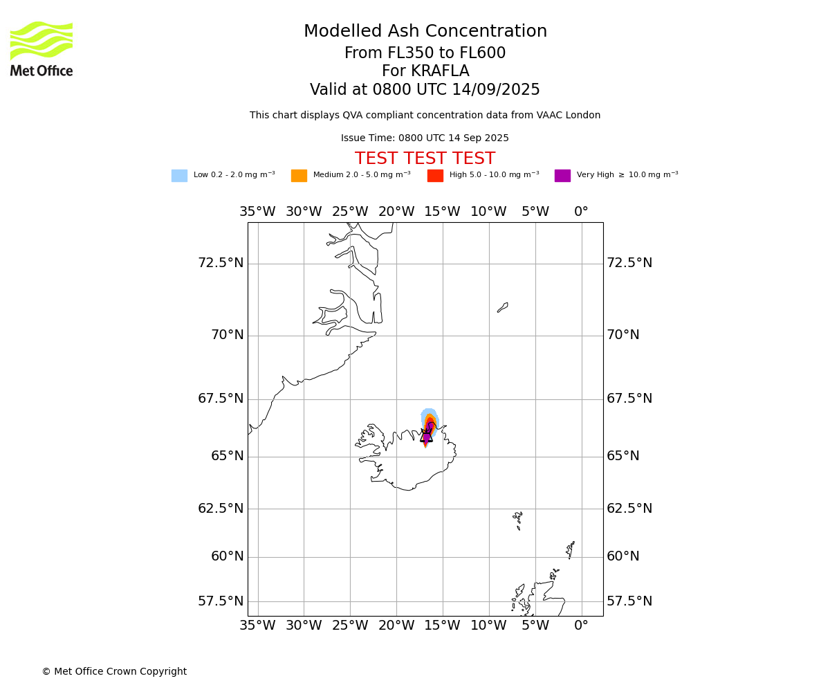 Modelled ash concentration from 350 to 600 for KRAFLA. Valid at 0800 UTC 14/09/2025