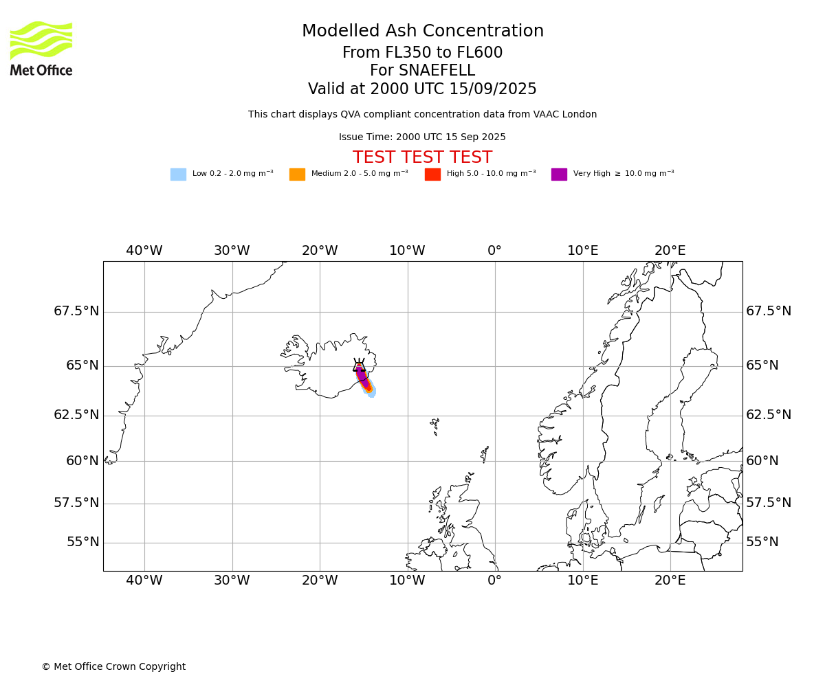 Modelled ash concentration from 350 to 600 for SNAEFELL. Valid at 2000 UTC 15/09/2025