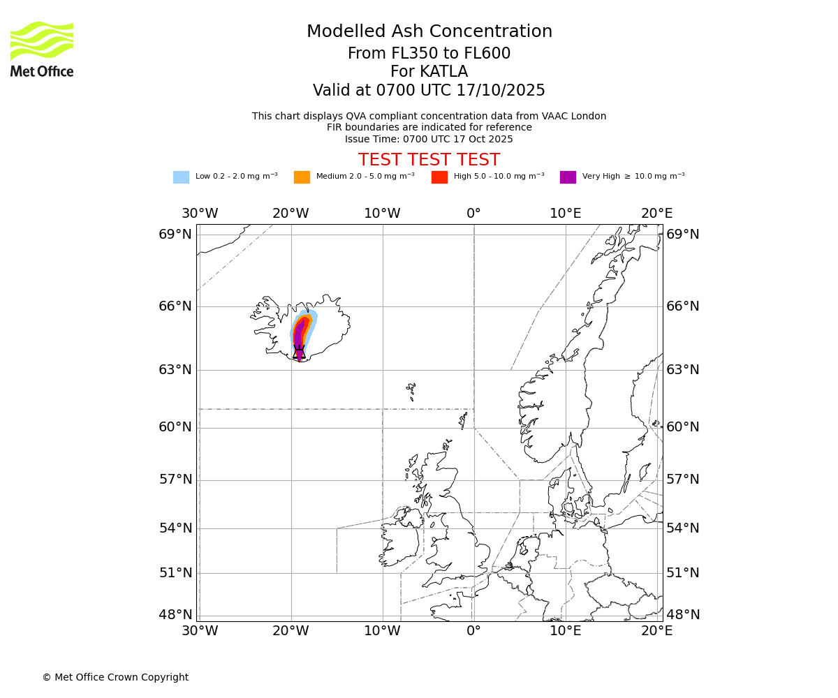 Modelled ash concentration from 350 to 600 for KATLA. Valid at 0700 UTC 17/10/2025