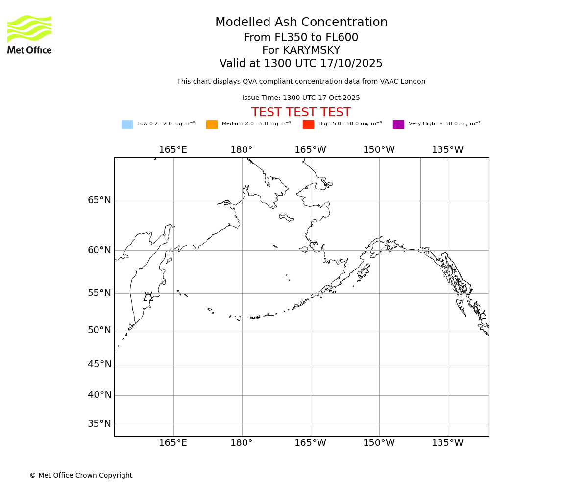 Modelled ash concentration from 350 to 600 for KARYMSKY. Valid at 1300 UTC 17/10/2025