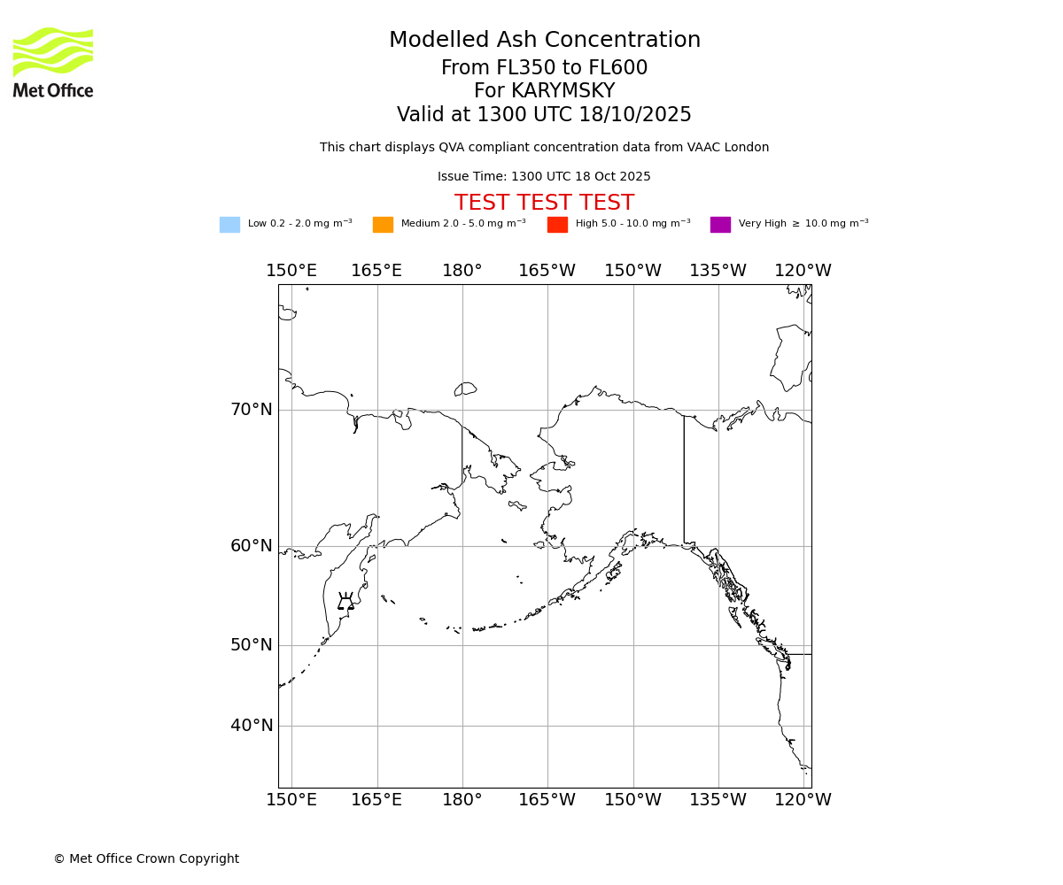 Modelled ash concentration from 350 to 600 for KARYMSKY. Valid at 1300 UTC 18/10/2025