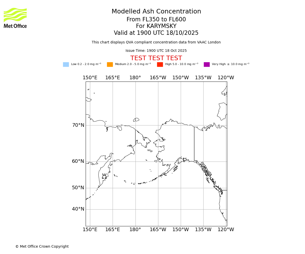 Modelled ash concentration from 350 to 600 for KARYMSKY. Valid at 1900 UTC 18/10/2025