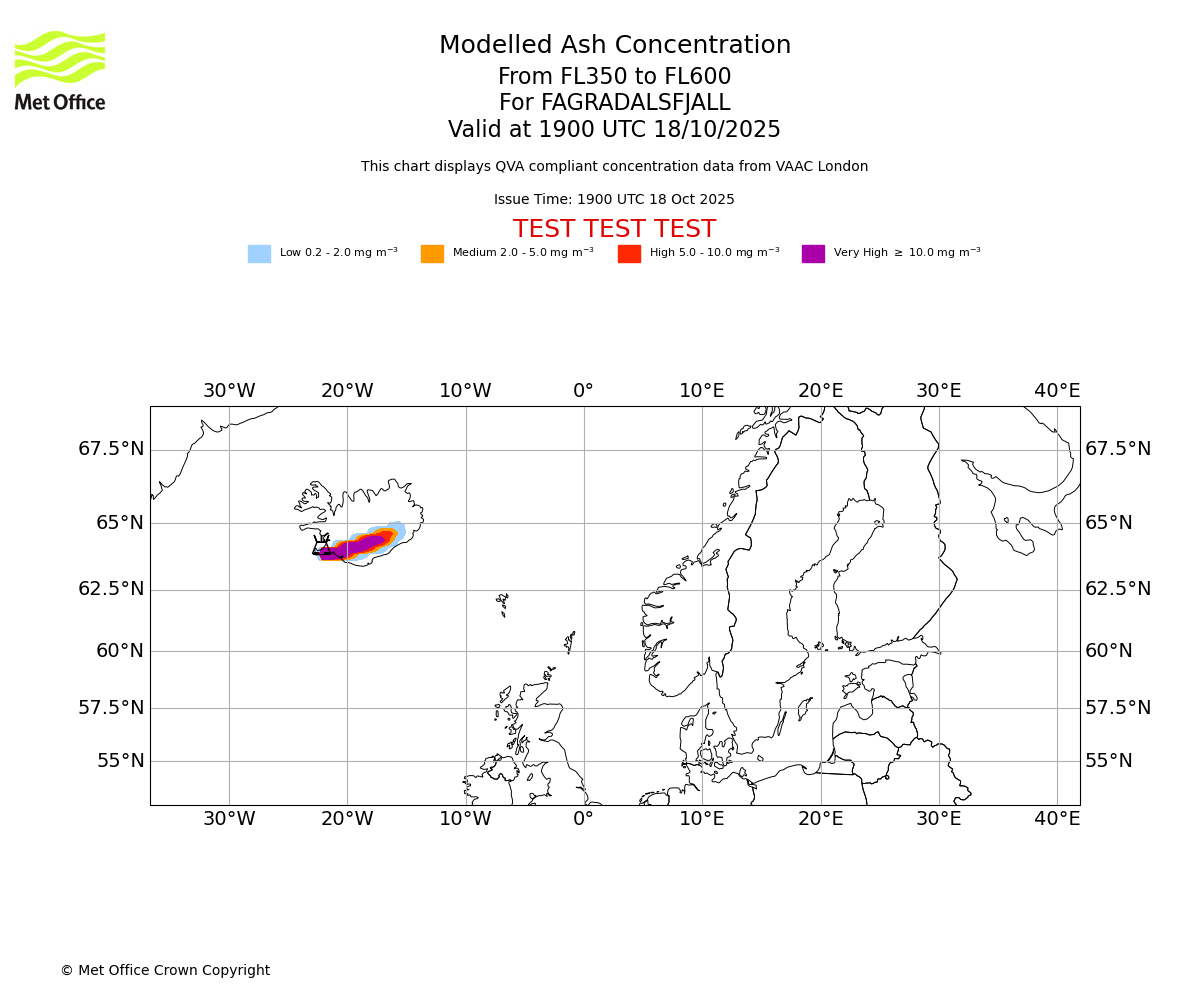 Modelled ash concentration from 350 to 600 for FAGRADALSFJALL. Valid at 1900 UTC 18/10/2025