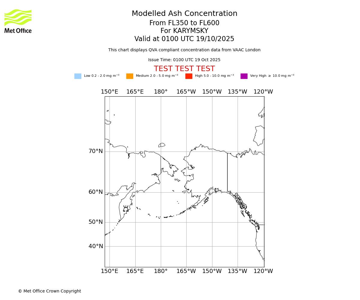 Modelled ash concentration from 350 to 600 for KARYMSKY. Valid at 0100 UTC 19/10/2025