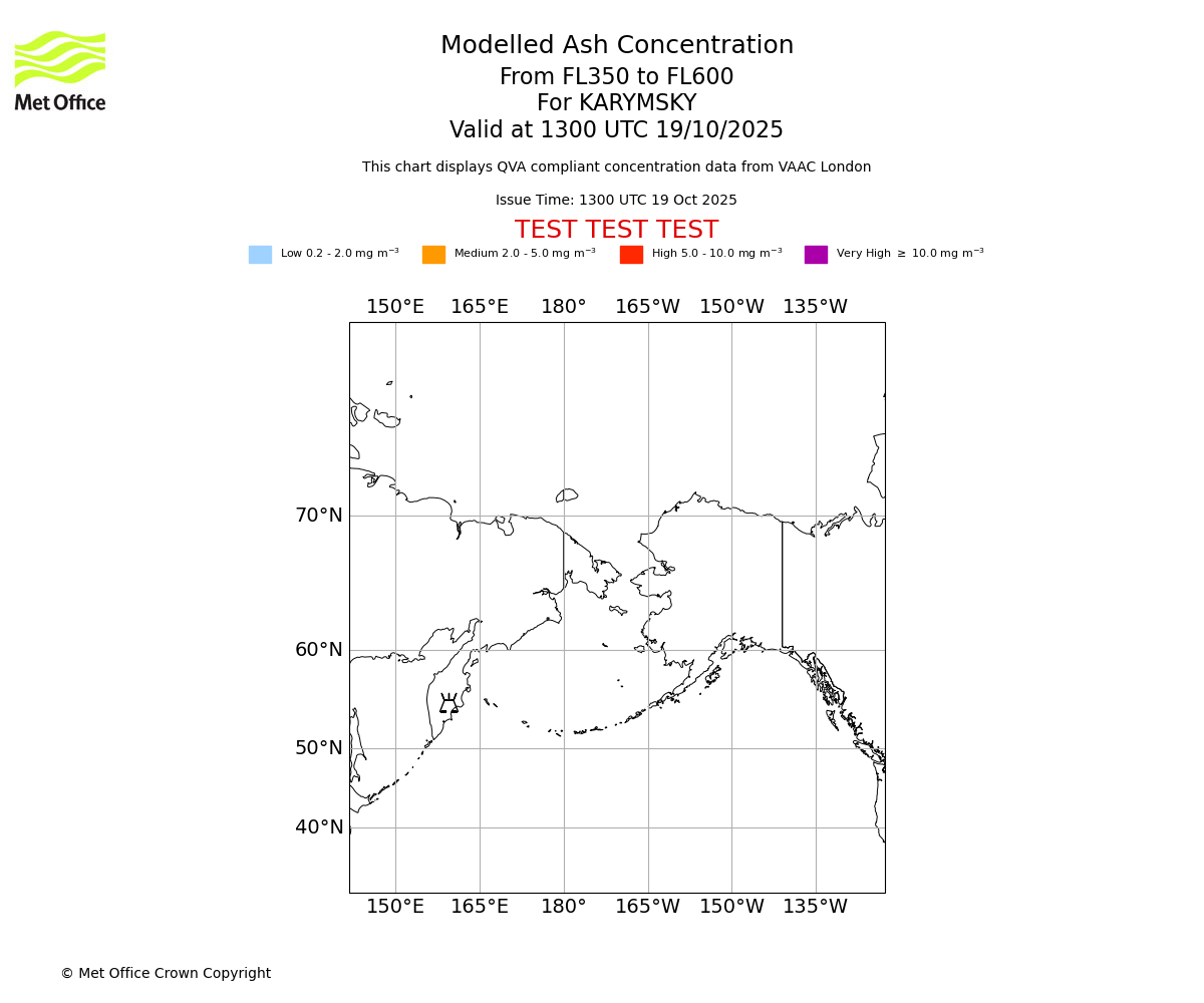 Modelled ash concentration from 350 to 600 for KARYMSKY. Valid at 1300 UTC 19/10/2025