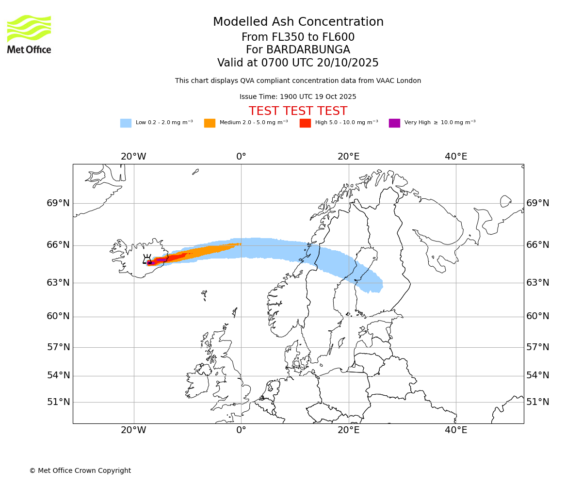 Modelled ash concentration from 350 to 600 for BARDARBUNGA. Valid at 0700 UTC 20/10/2025