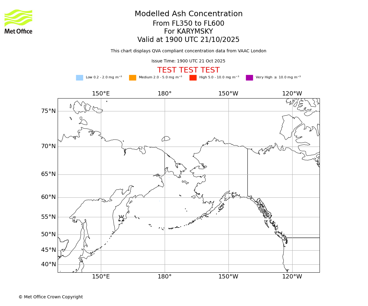 Modelled ash concentration from 350 to 600 for KARYMSKY. Valid at 1900 UTC 21/10/2025