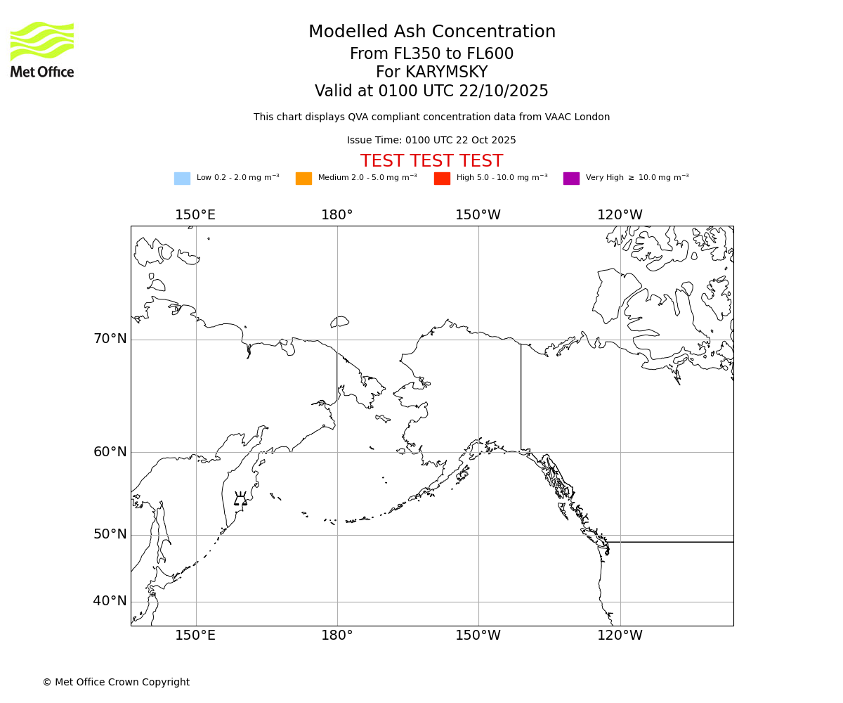 Modelled ash concentration from 350 to 600 for KARYMSKY. Valid at 0100 UTC 22/10/2025