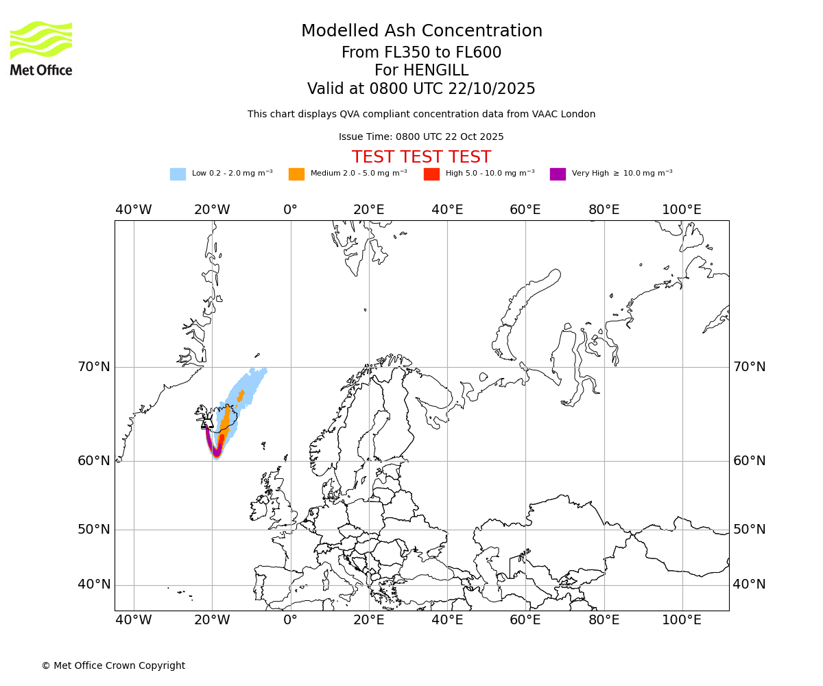 Modelled ash concentration from 350 to 600 for HENGILL. Valid at 0800 UTC 22/10/2025