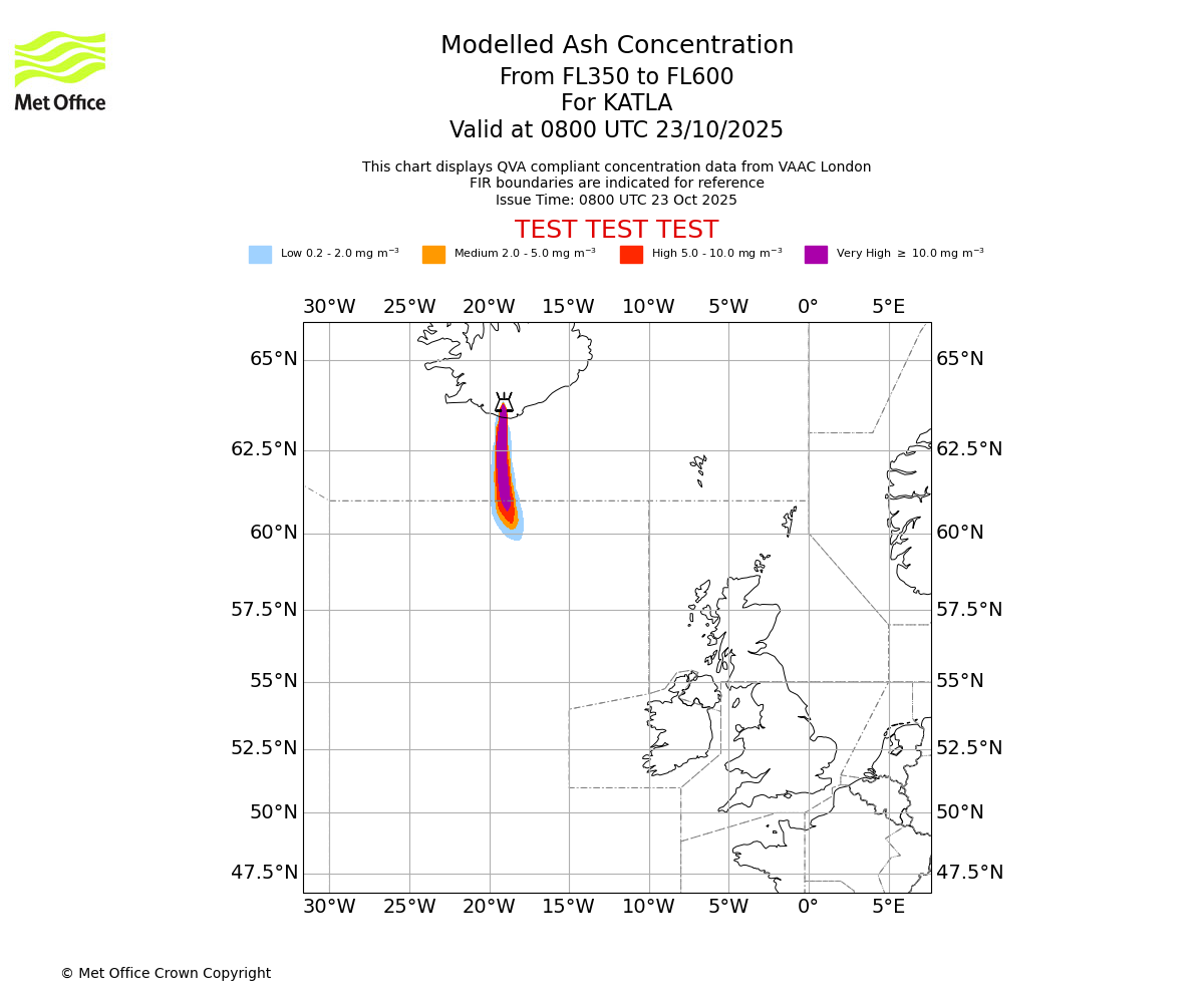 Modelled ash concentration from 350 to 600 for KATLA. Valid at 0800 UTC 23/10/2025