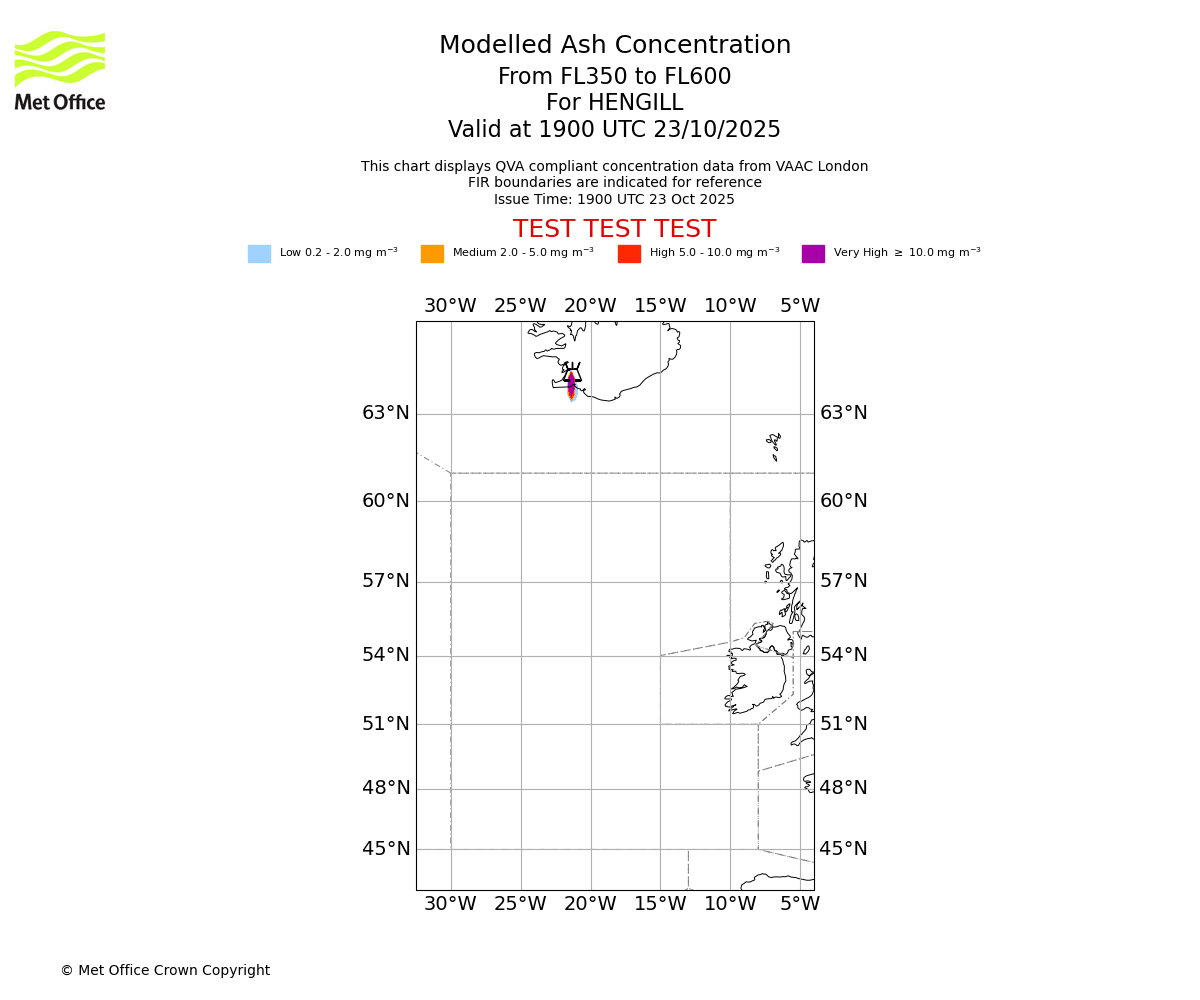 Modelled ash concentration from 350 to 600 for HENGILL. Valid at 1900 UTC 23/10/2025