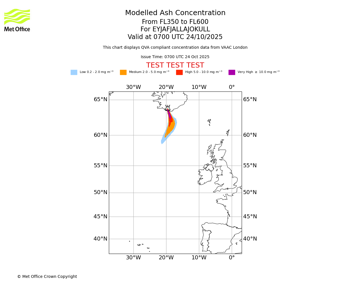 Modelled ash concentration from 350 to 600 for EYJAFJALLAJOKULL. Valid at 0700 UTC 24/10/2025