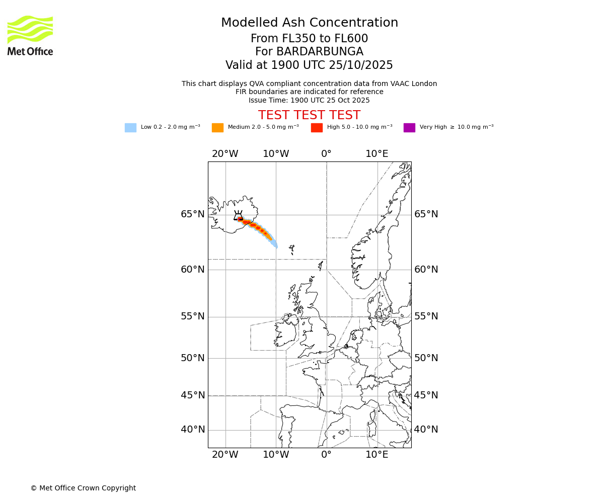 Modelled ash concentration from 350 to 600 for BARDARBUNGA. Valid at 1900 UTC 25/10/2025