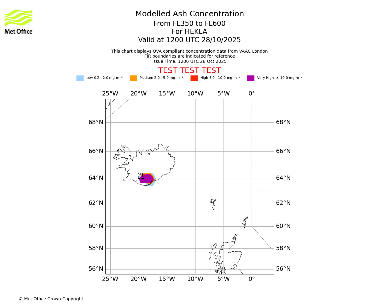 Modelled ash concentration from 350 to 600 for HEKLA. Valid at 1200 UTC 28/10/2025