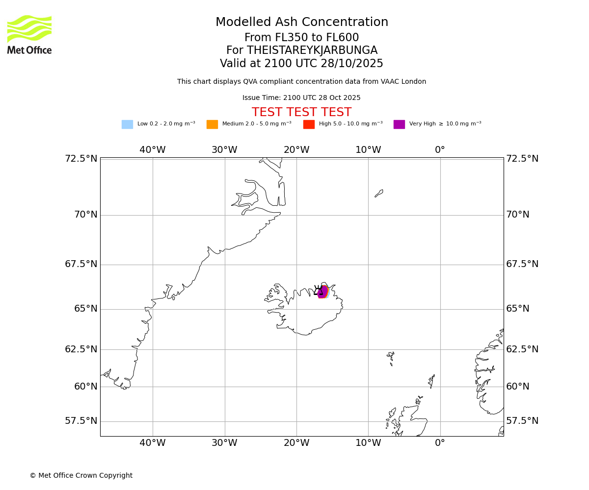 Modelled ash concentration from 350 to 600 for THEISTAREYKJARBUNGA. Valid at 2100 UTC 28/10/2025
