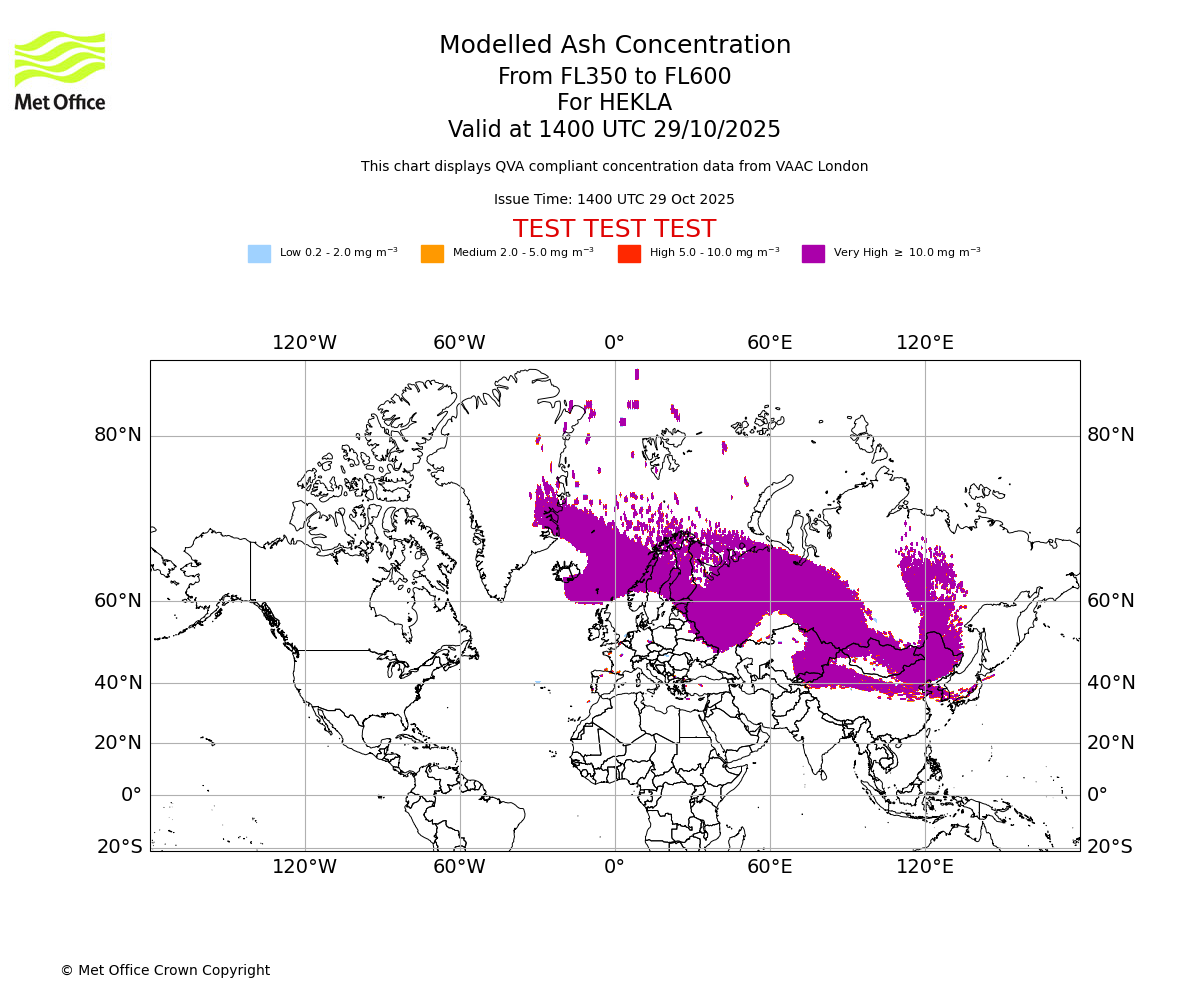 Modelled ash concentration from 350 to 600 for HEKLA. Valid at 1400 UTC 29/10/2025