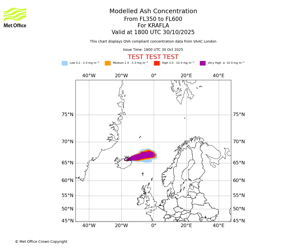Modelled ash concentration from 350 to 600 for KRAFLA. Valid at 1800 UTC 30/10/2025