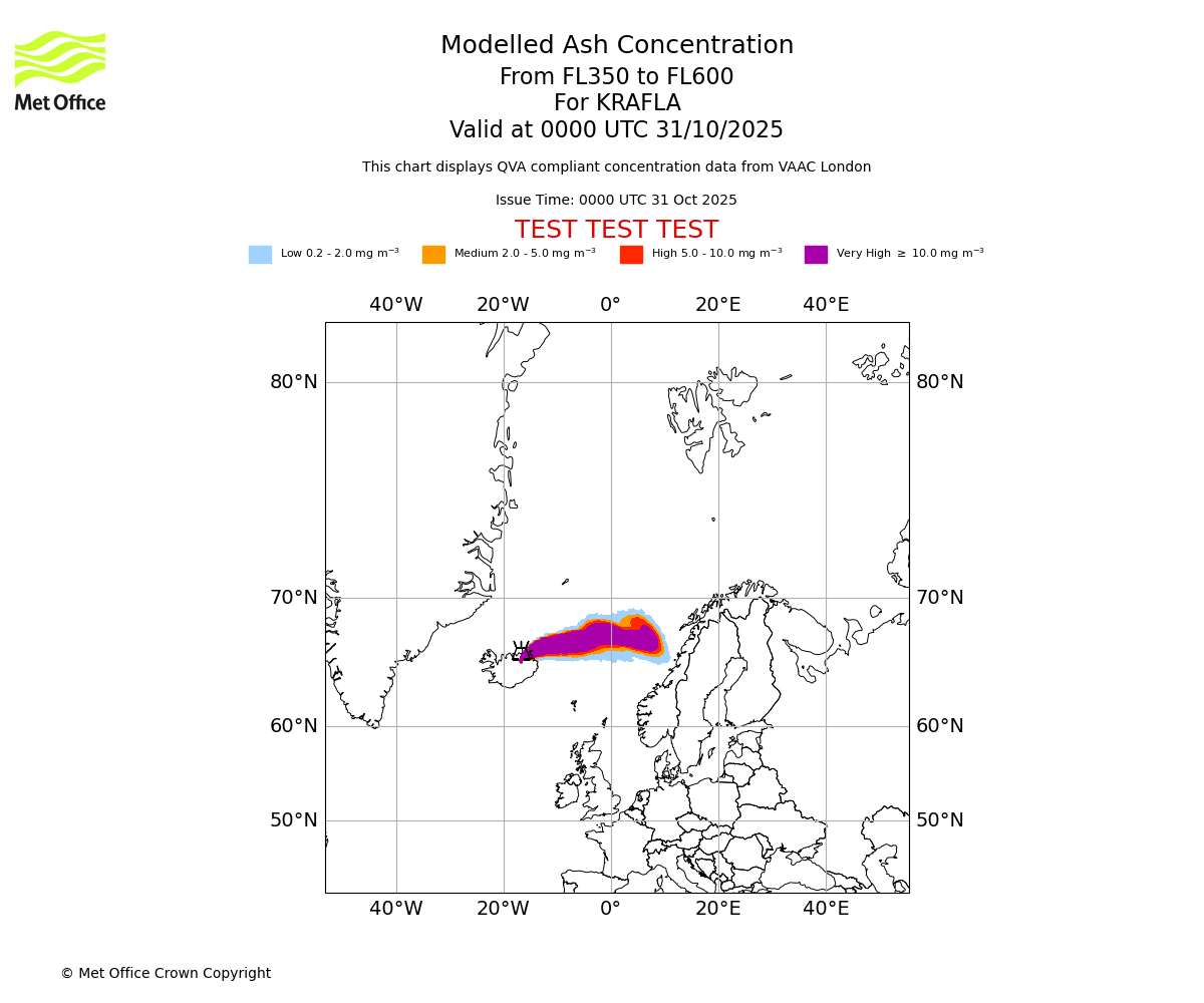 Modelled ash concentration from 350 to 600 for KRAFLA. Valid at 0000 UTC 31/10/2025