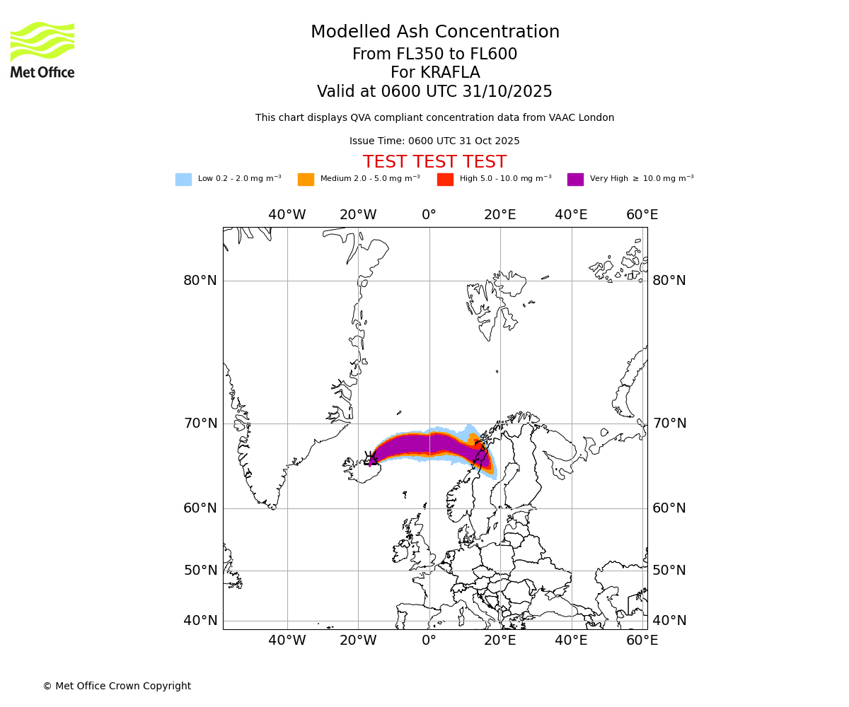 Modelled ash concentration from 350 to 600 for KRAFLA. Valid at 0600 UTC 31/10/2025