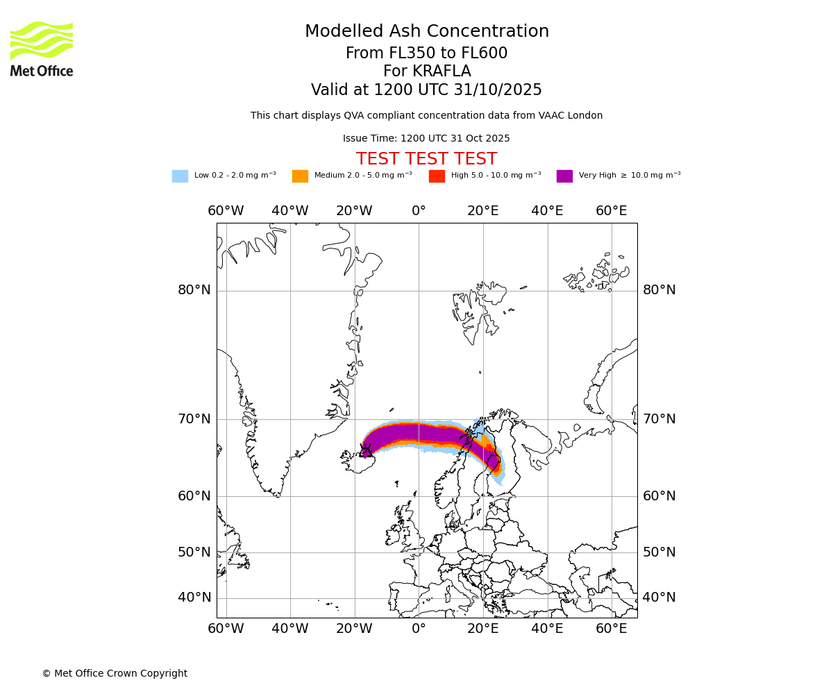 Modelled ash concentration from 350 to 600 for KRAFLA. Valid at 1200 UTC 31/10/2025