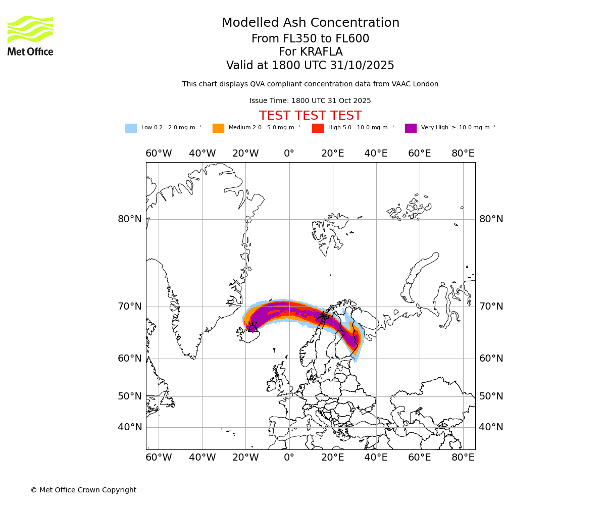 Modelled ash concentration from 350 to 600 for KRAFLA. Valid at 1800 UTC 31/10/2025