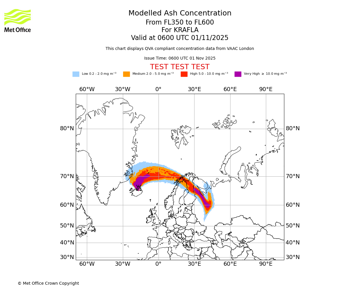 Modelled ash concentration from 350 to 600 for KRAFLA. Valid at 0600 UTC 01/11/2025
