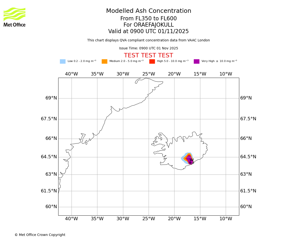 Modelled ash concentration from 350 to 600 for ORAEFAJOKULL. Valid at 0900 UTC 01/11/2025
