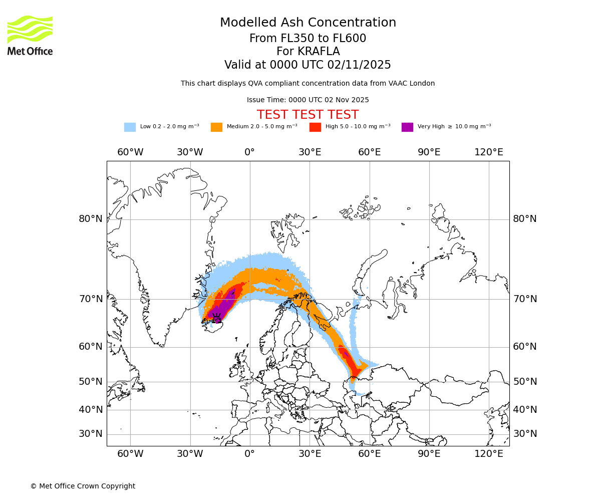 Modelled ash concentration from 350 to 600 for KRAFLA. Valid at 0000 UTC 02/11/2025