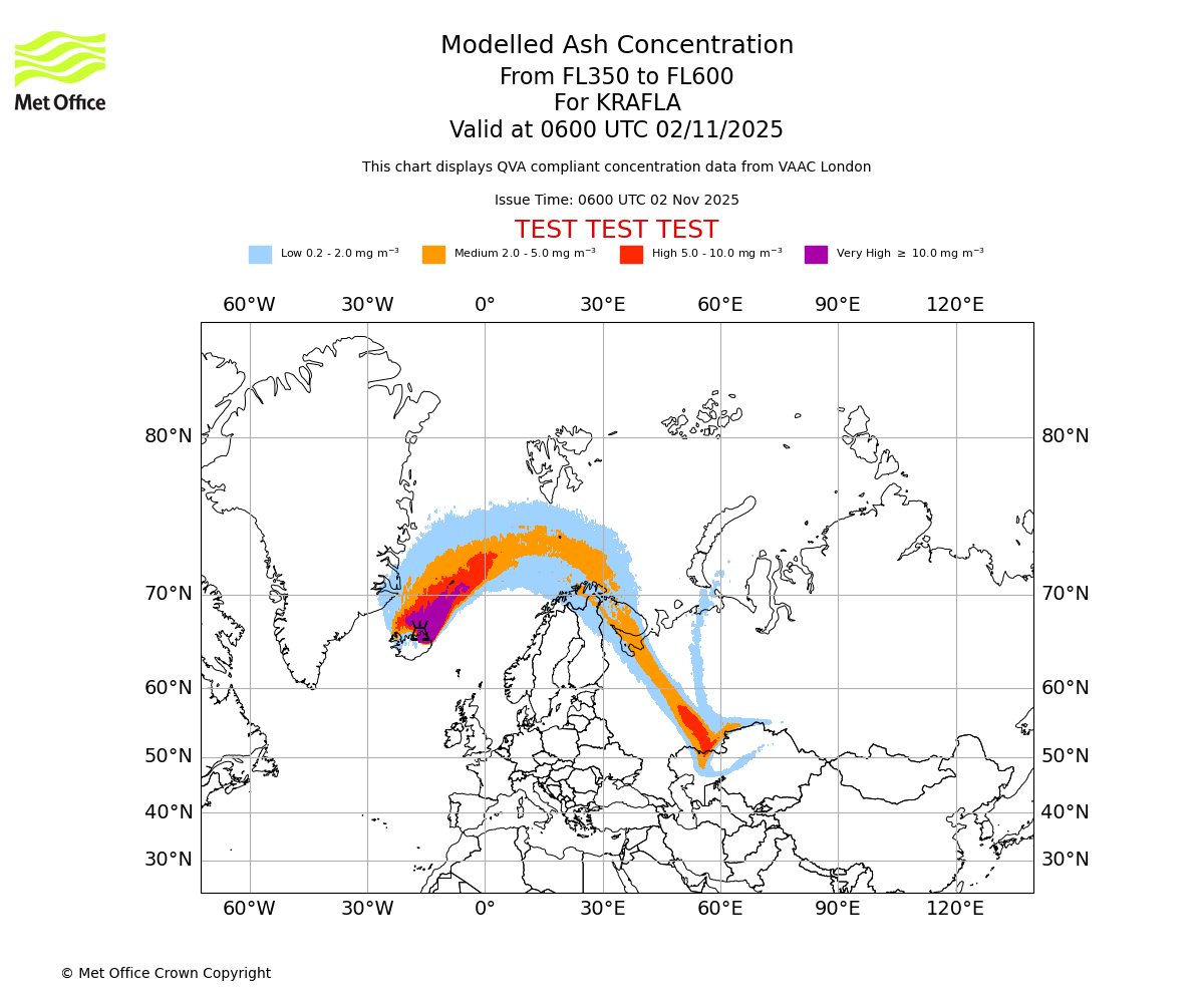Modelled ash concentration from 350 to 600 for KRAFLA. Valid at 0600 UTC 02/11/2025