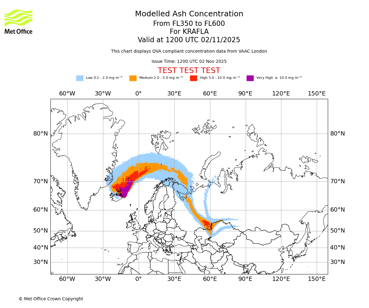 Modelled ash concentration from 350 to 600 for KRAFLA. Valid at 1200 UTC 02/11/2025