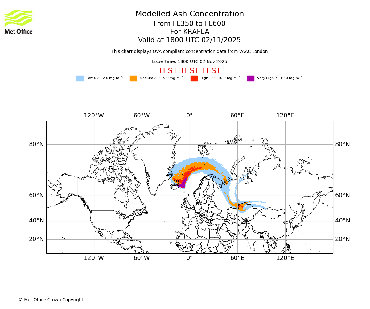 Modelled ash concentration from 350 to 600 for KRAFLA. Valid at 1800 UTC 02/11/2025