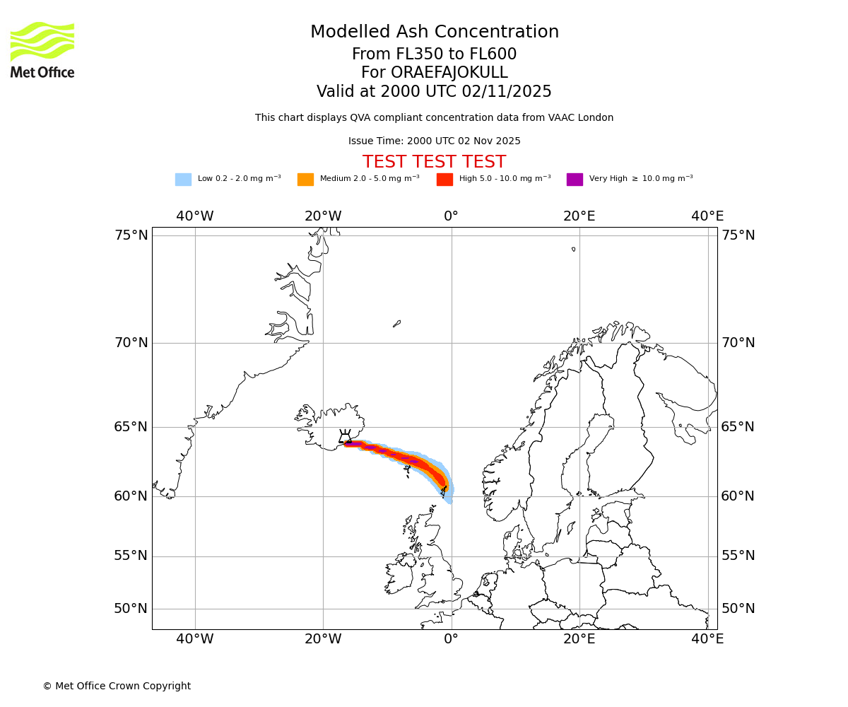 Modelled ash concentration from 350 to 600 for ORAEFAJOKULL. Valid at 2000 UTC 02/11/2025
