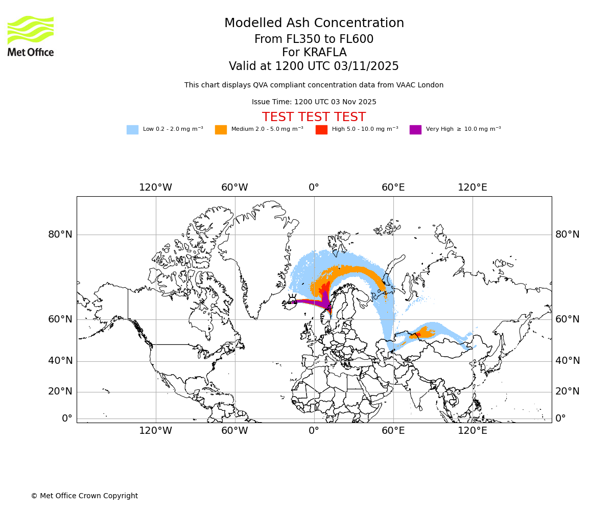 Modelled ash concentration from 350 to 600 for KRAFLA. Valid at 1200 UTC 03/11/2025