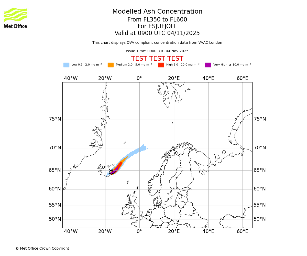 Modelled ash concentration from 350 to 600 for ESJUFJOLL. Valid at 0900 UTC 04/11/2025