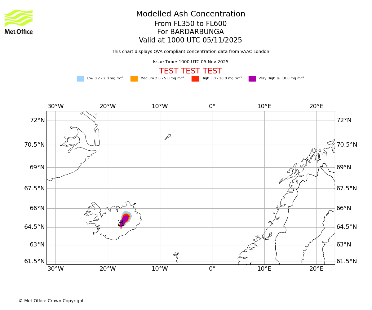 Modelled ash concentration from 350 to 600 for BARDARBUNGA. Valid at 1000 UTC 05/11/2025