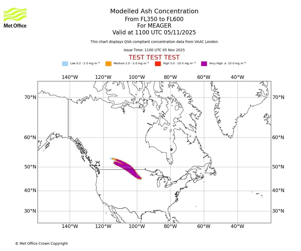 Modelled ash concentration from 350 to 600 for MEAGER. Valid at 1100 UTC 05/11/2025