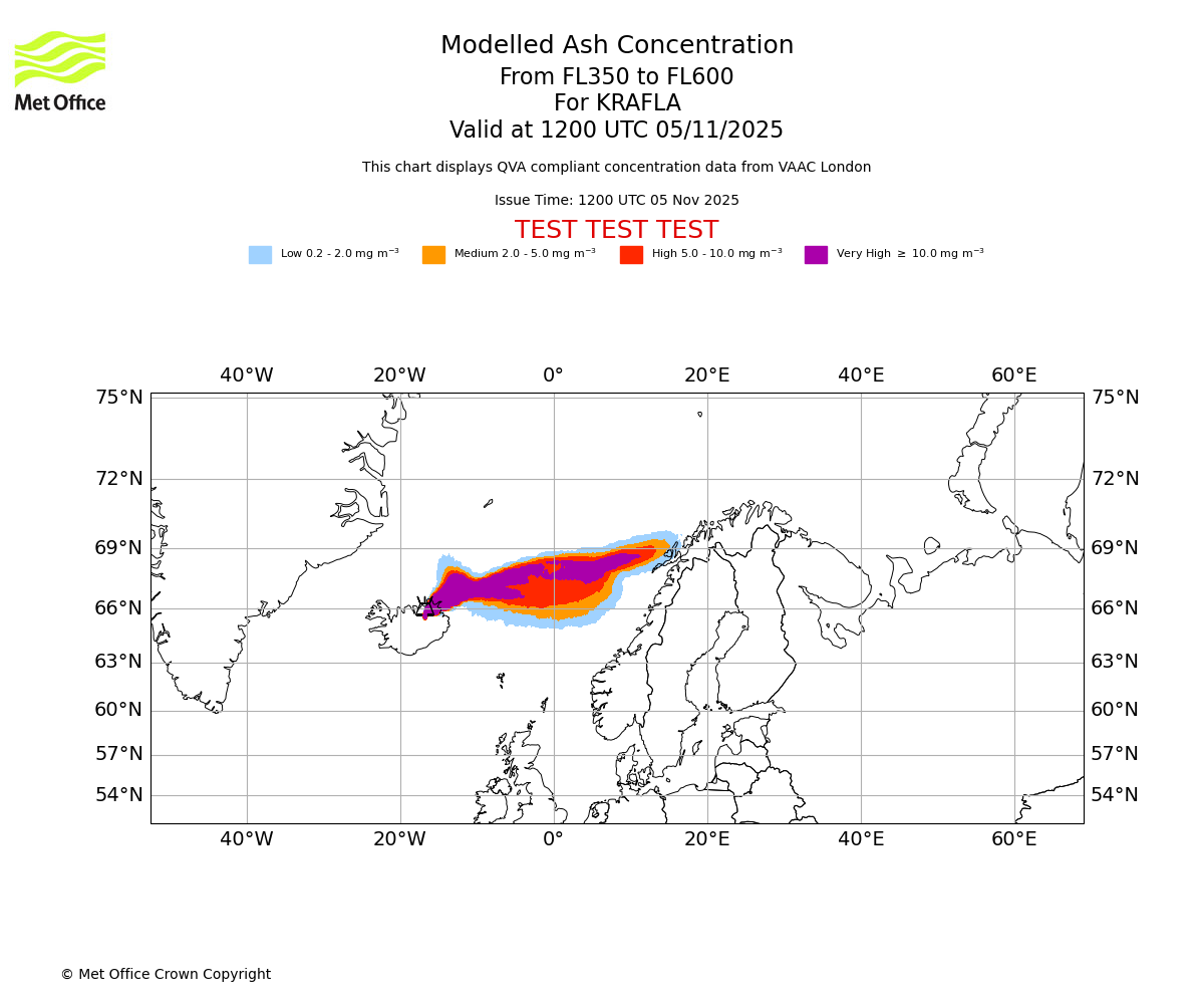 Modelled ash concentration from 350 to 600 for KRAFLA. Valid at 1200 UTC 05/11/2025