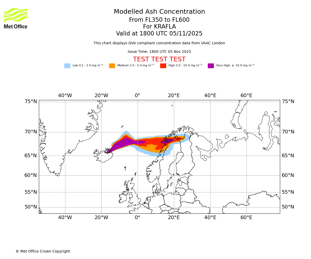 Modelled ash concentration from 350 to 600 for KRAFLA. Valid at 1800 UTC 05/11/2025