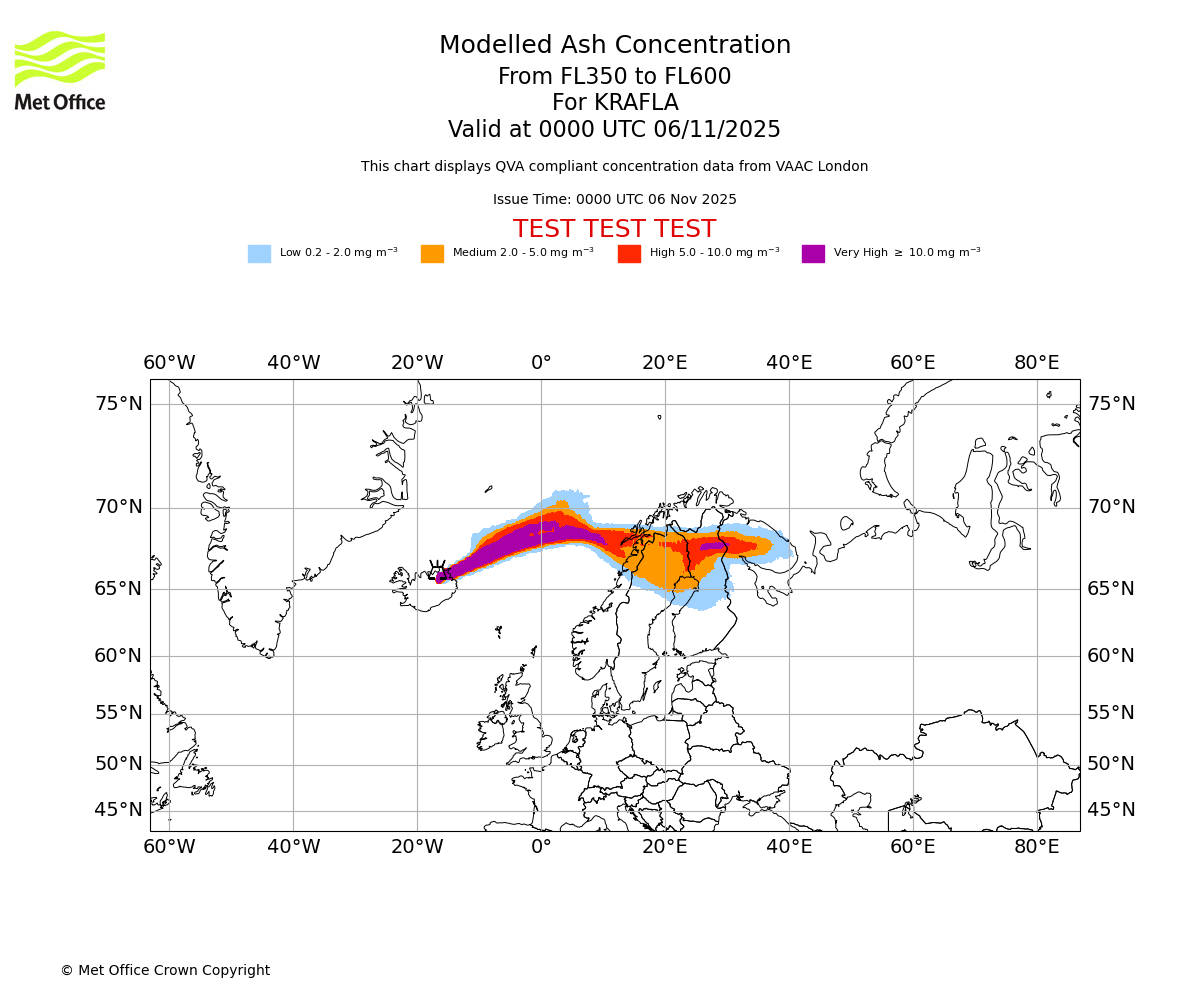 Modelled ash concentration from 350 to 600 for KRAFLA. Valid at 0000 UTC 06/11/2025