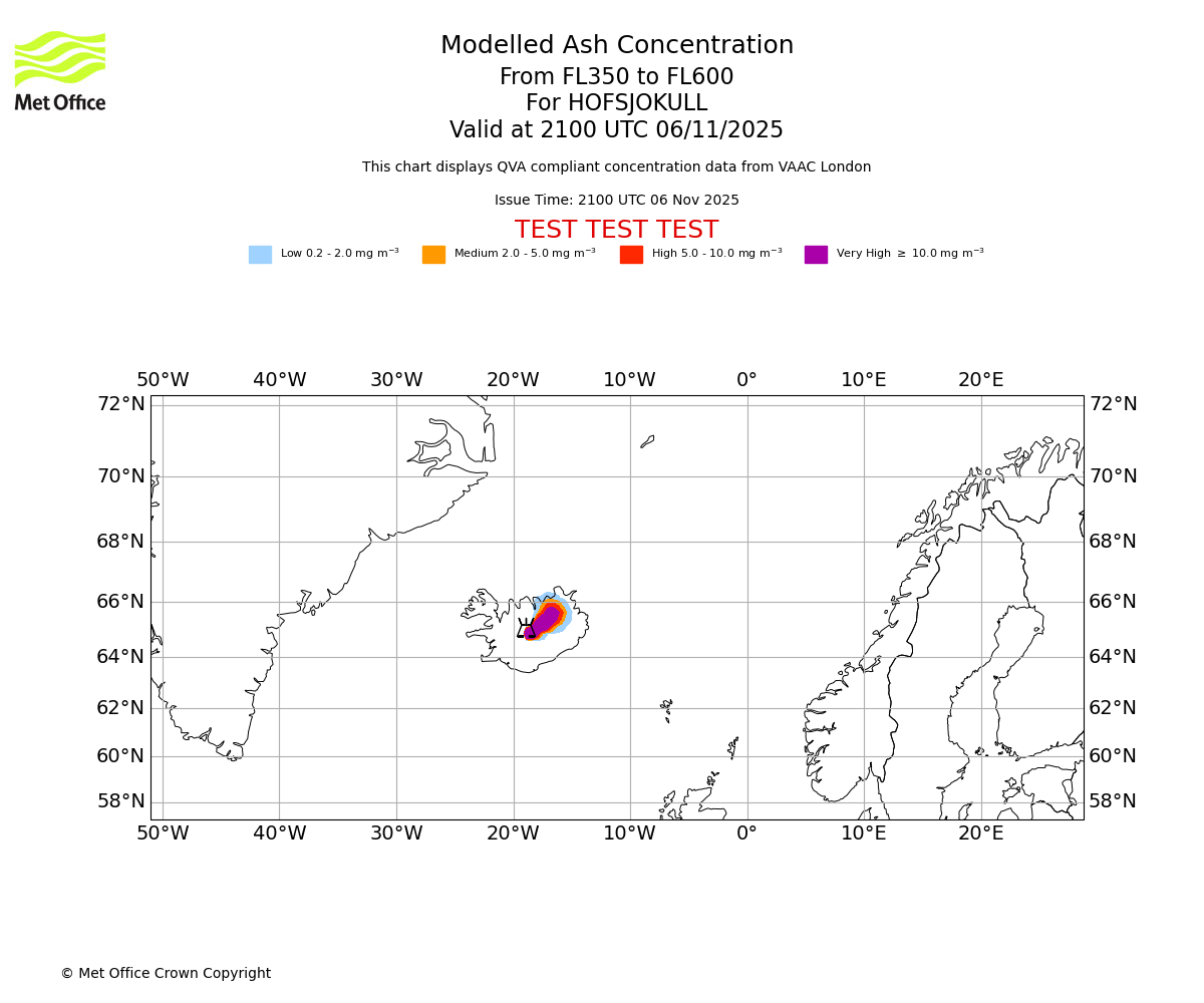 Modelled ash concentration from 350 to 600 for HOFSJOKULL. Valid at 2100 UTC 06/11/2025