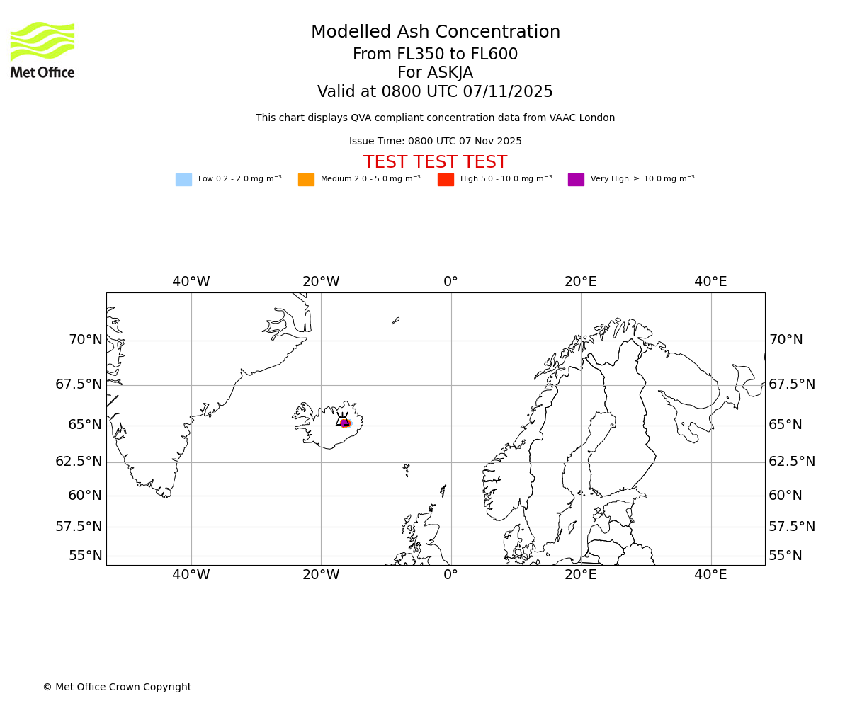 Modelled ash concentration from 350 to 600 for ASKJA. Valid at 0800 UTC 07/11/2025