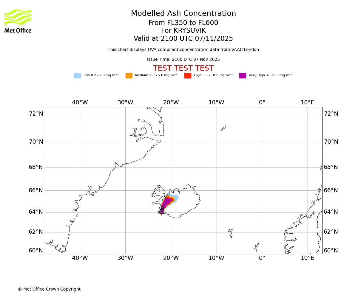 Modelled ash concentration from 350 to 600 for KRYSUVIK. Valid at 2100 UTC 07/11/2025