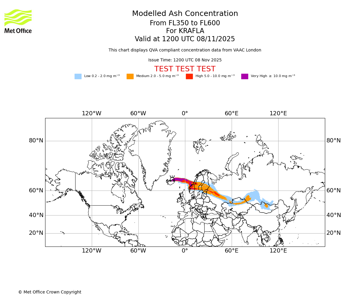 Modelled ash concentration from 350 to 600 for KRAFLA. Valid at 1200 UTC 08/11/2025