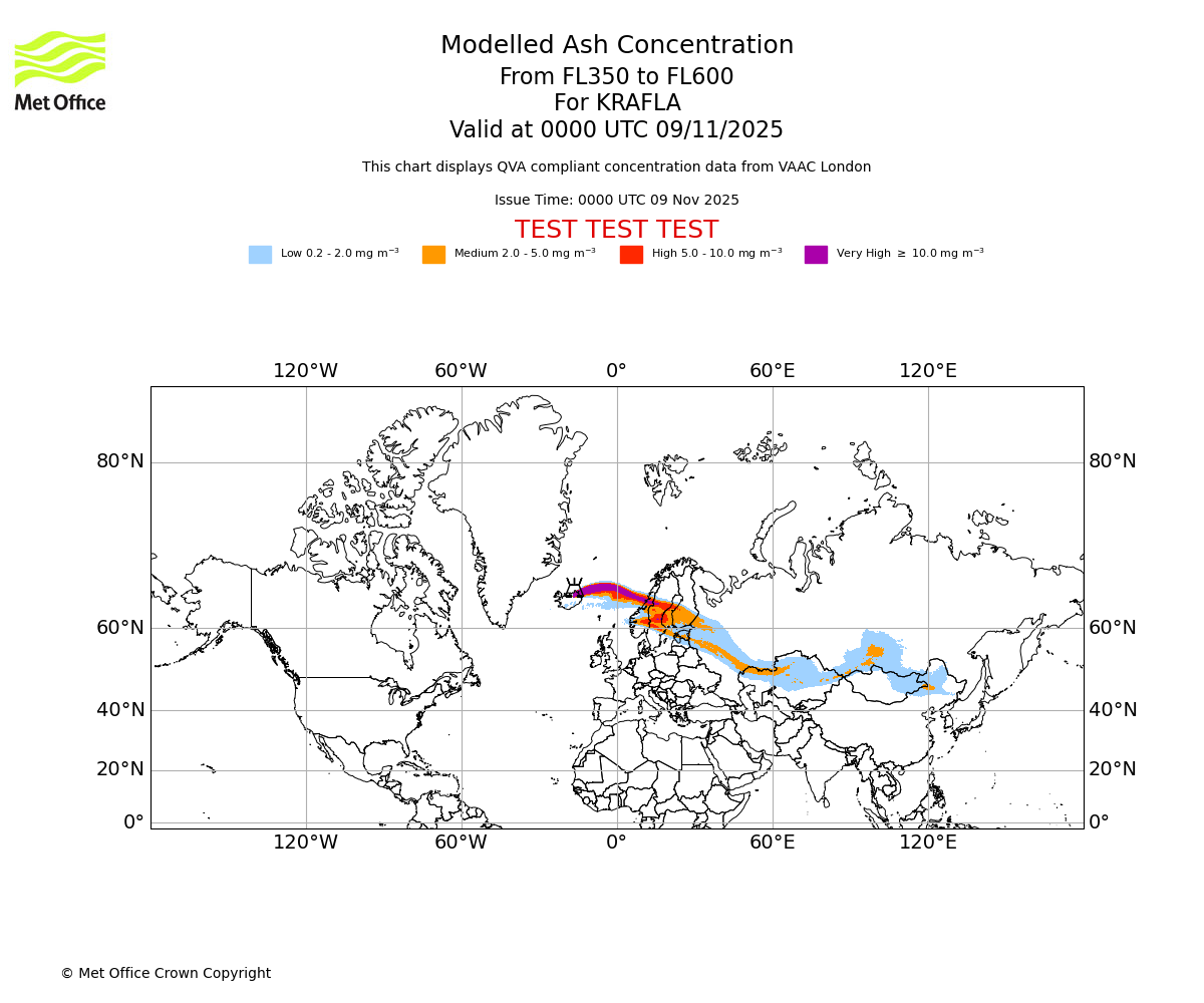 Modelled ash concentration from 350 to 600 for KRAFLA. Valid at 0000 UTC 09/11/2025