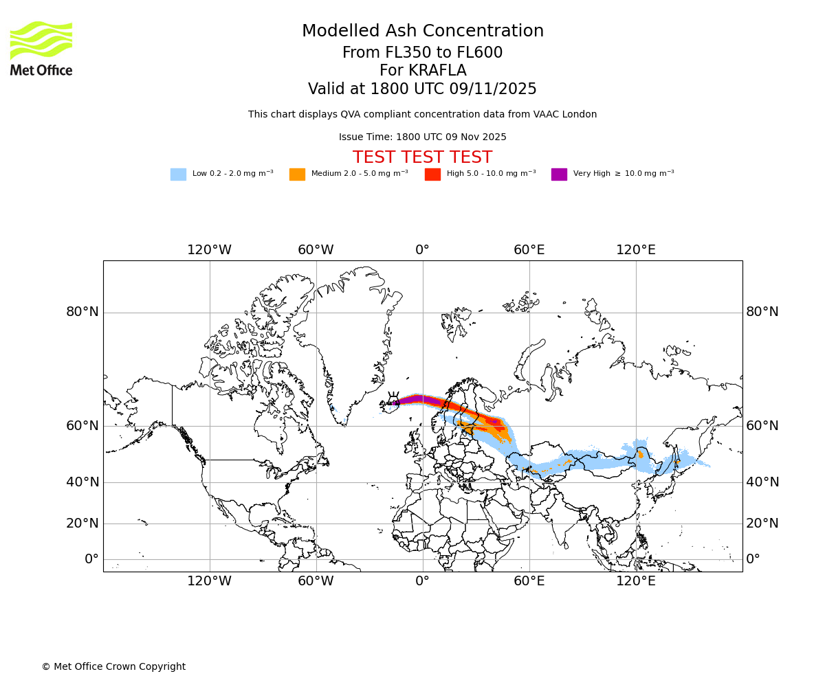 Modelled ash concentration from 350 to 600 for KRAFLA. Valid at 1800 UTC 09/11/2025