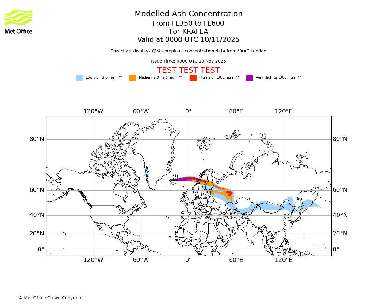Modelled ash concentration from 350 to 600 for KRAFLA. Valid at 0000 UTC 10/11/2025